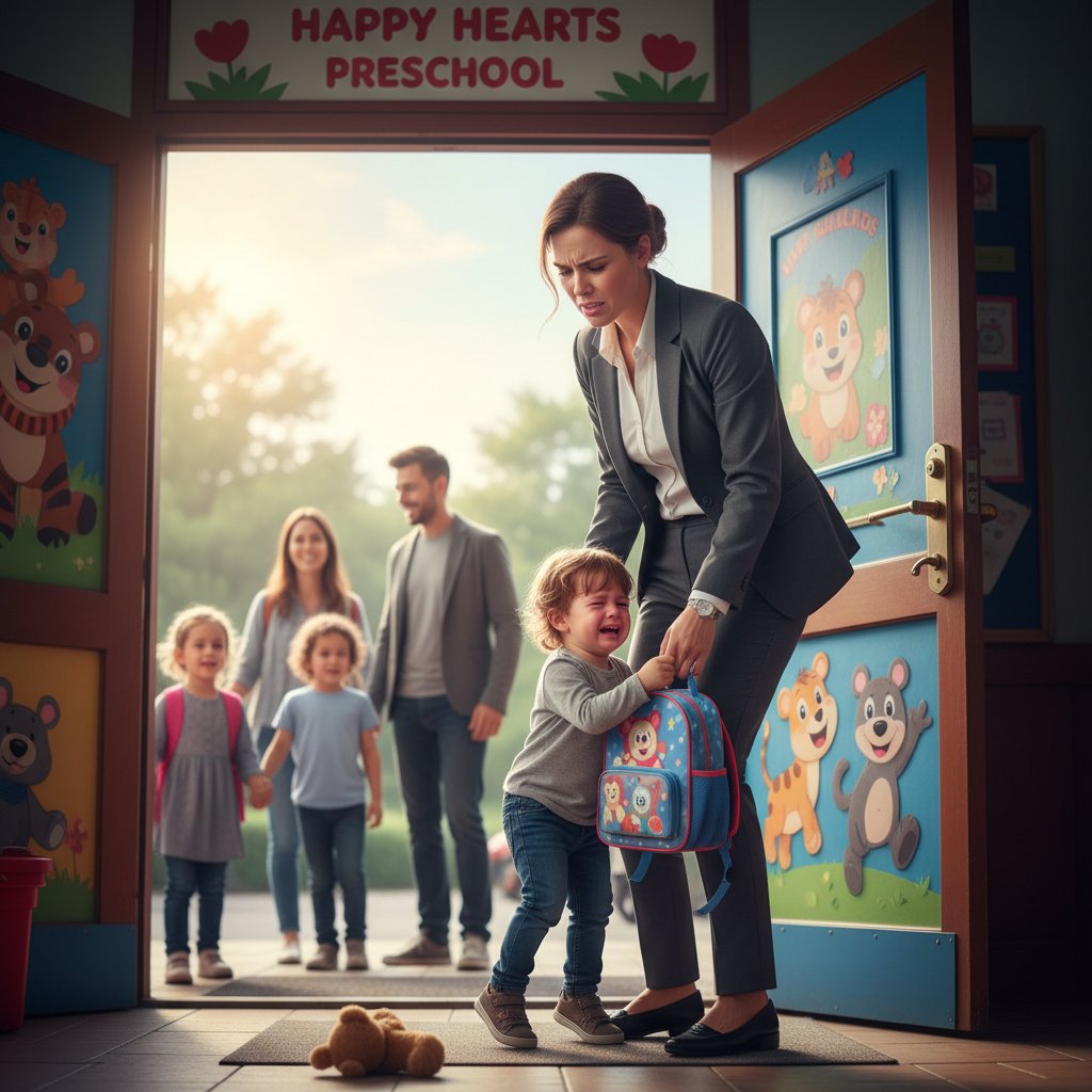 Dziecko płaczące przy drzwiach przedszkola, rodzic z wyraźnym stresem