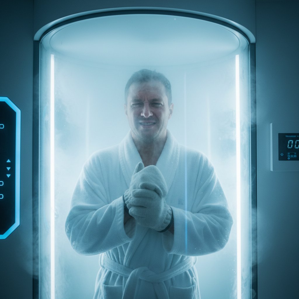 Zwykła użytkowniczka po sesji w kriokomorze, wyraz twarzy z mieszanymi uczuciami