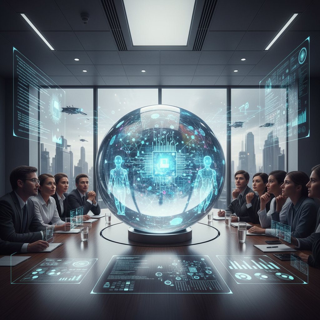 Kryształowa kula na stole konferencyjnym symbolizująca przyszłość AI, słowa kluczowe: crystal-ball--conference-table--ai-future
