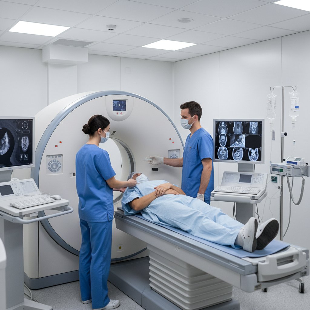 Pacjent w trakcie badania tomografią komputerową w szpitalu, personel medyczny w tle