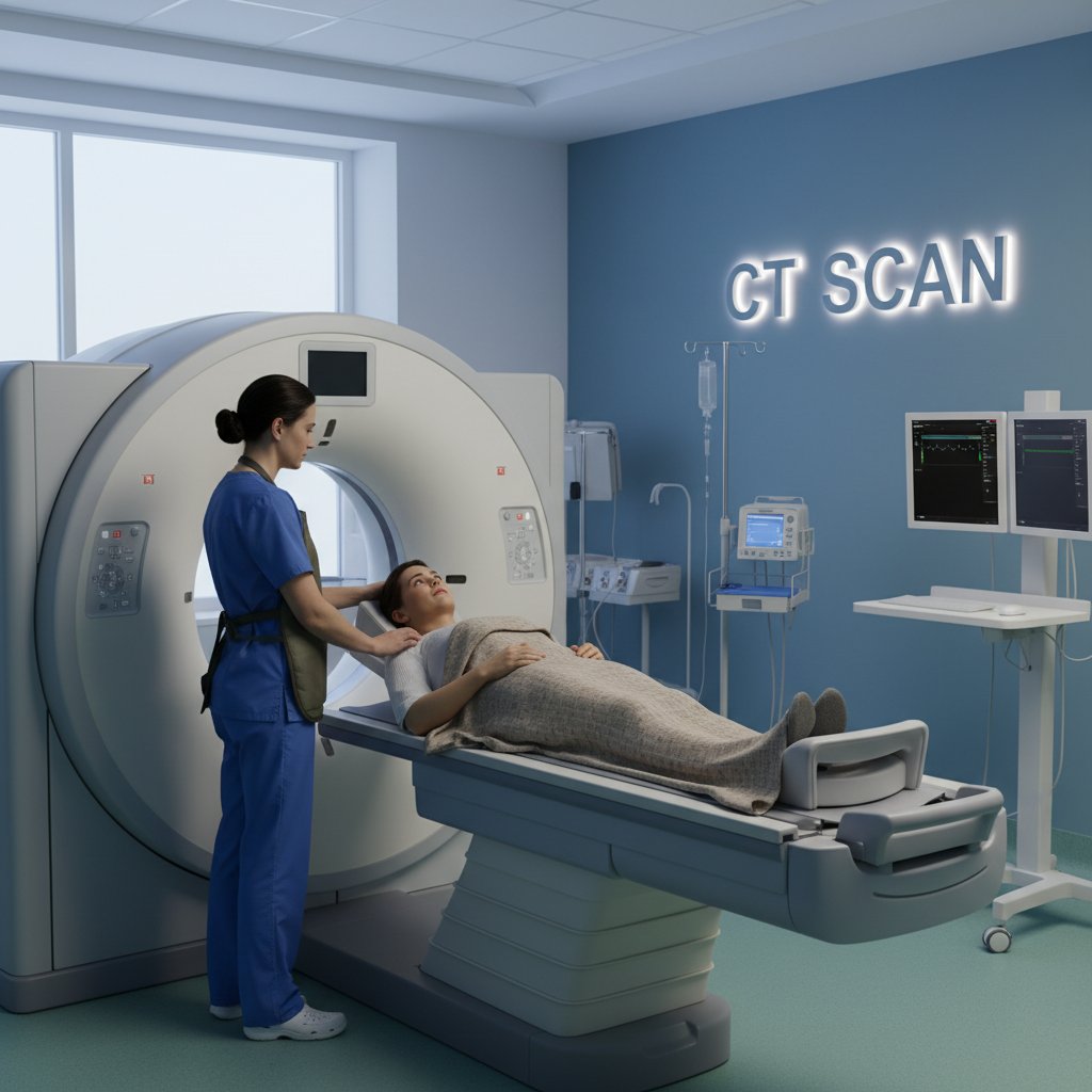 Pacjent na stole tomografu komputerowego z technikiem, atmosfera napięcia przed badaniem