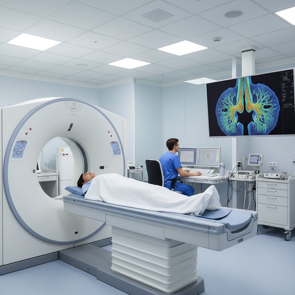 Nowoczesny tomograf komputerowy w jasnym pomieszczeniu, na pierwszym planie ekran z obrazem 3D zatok