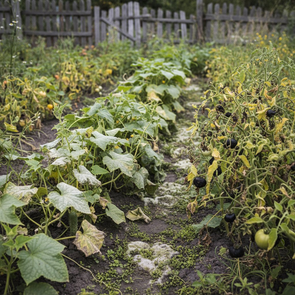 Zniszczona grządka z ogórkiem i pomidorem, wyraźne oznaki chorób i rywalizacji, ogród w upadku