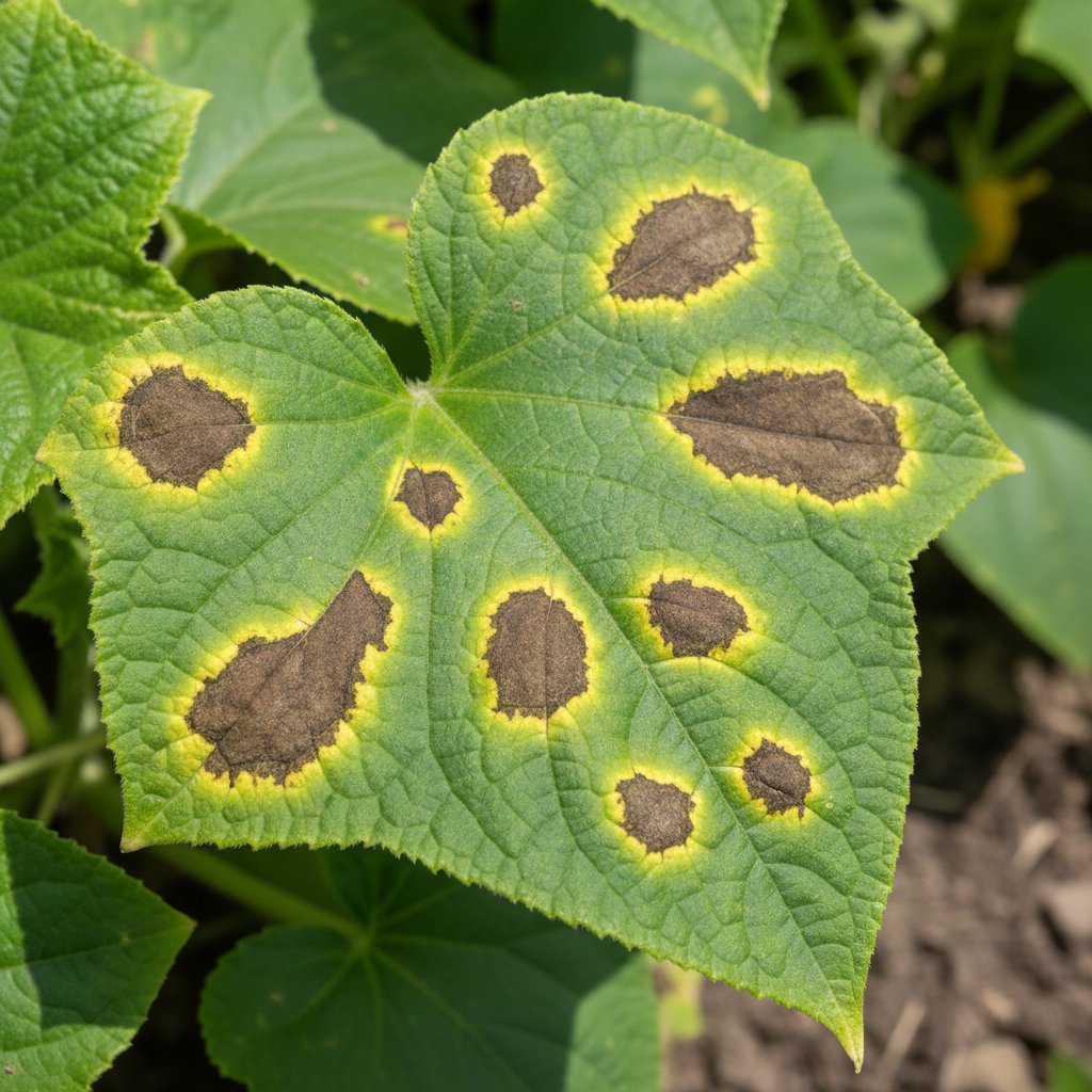 Zbliżenie na liść ogórka z brązowymi plamami i wyraźnym żółtym halo, klasyczny objaw infekcji grzybowej