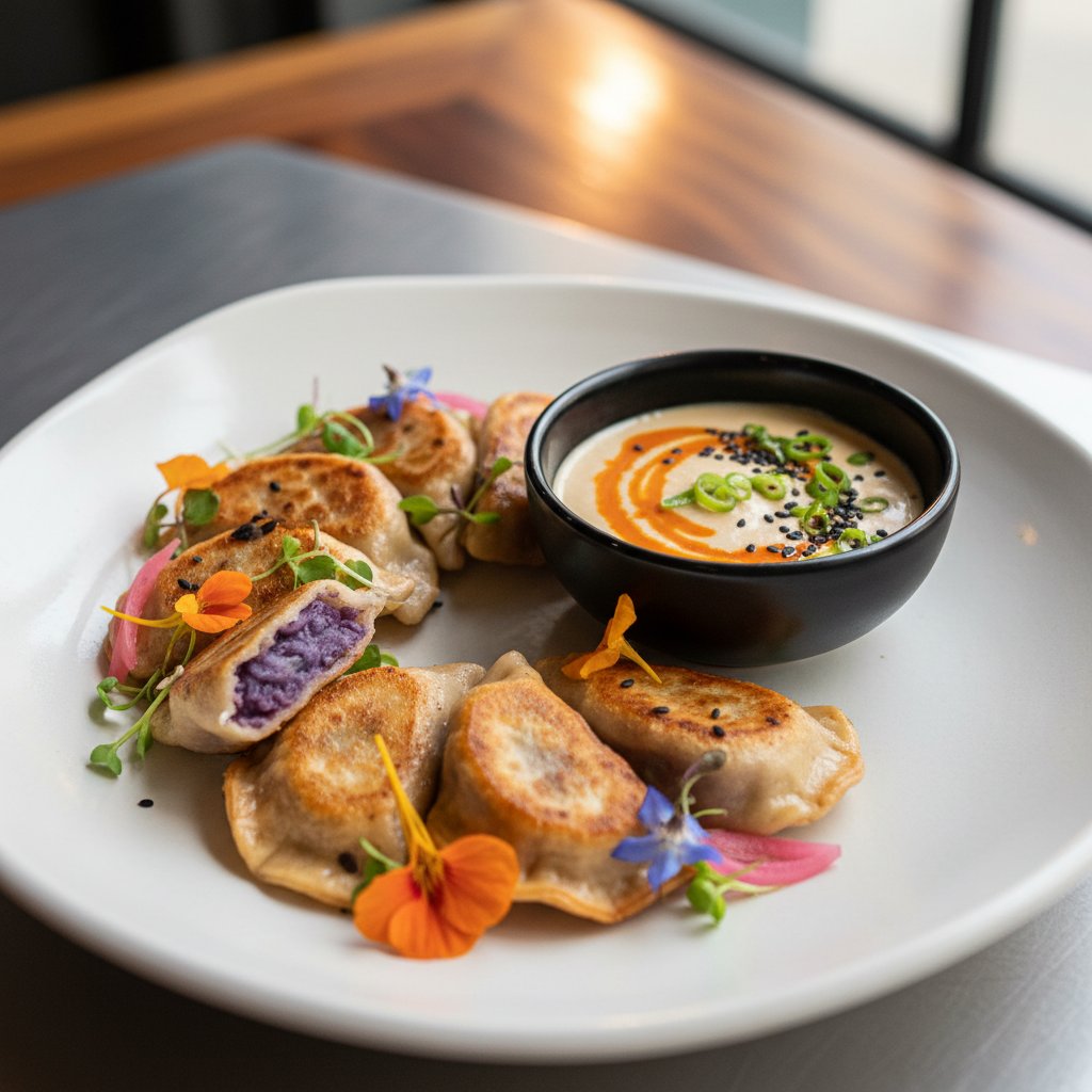 Pierogi z dipem miso, nowoczesna prezentacja, fusion kuchnia