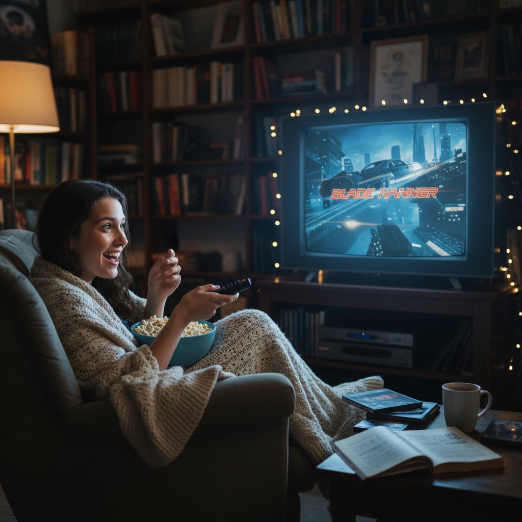 User discovers cult classic via movie assistant, excitedly watching a lesser-known film in a cozy setting