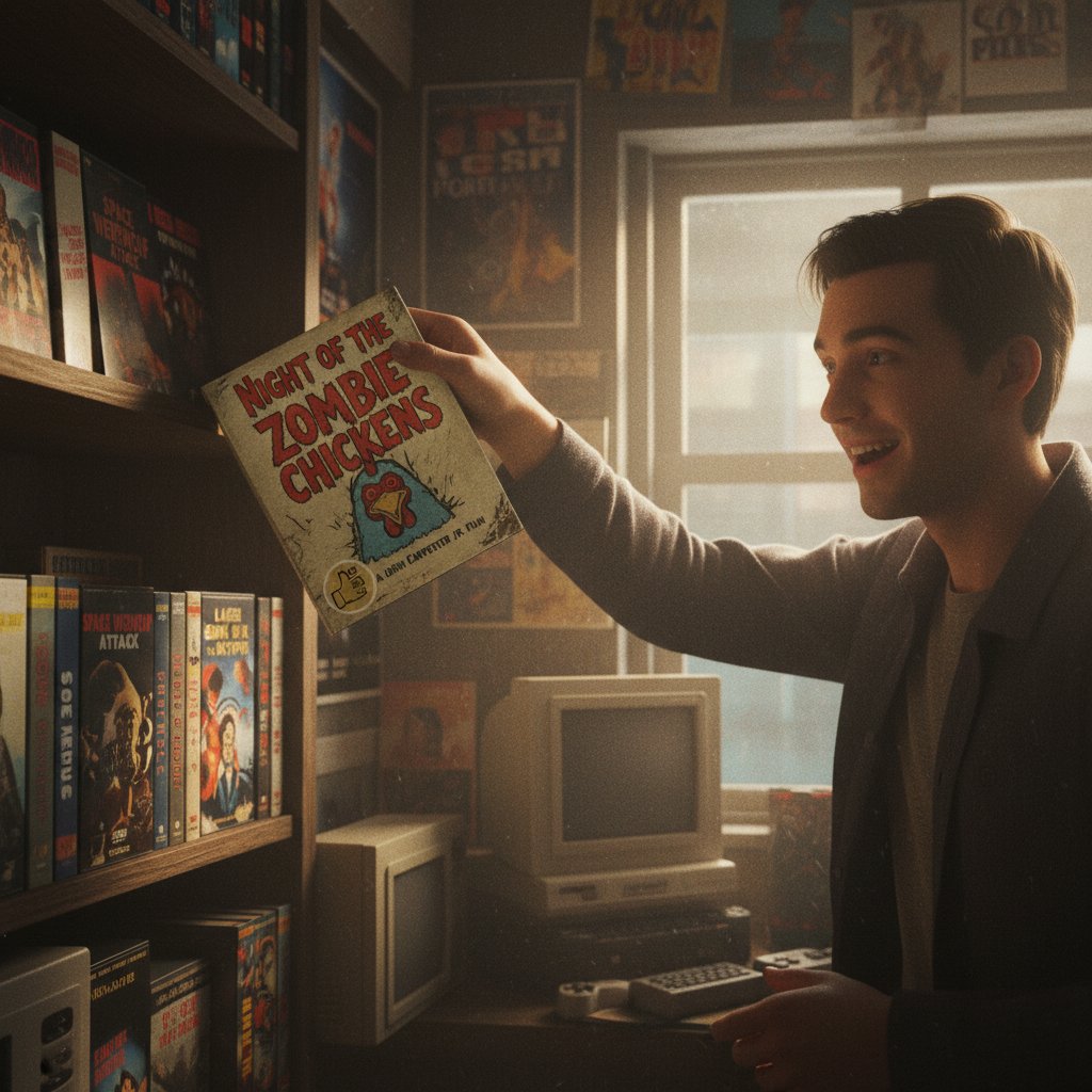 Person excitedly discovering a cult classic DVD in a box of mainstream movies, highlighting unexpected finds