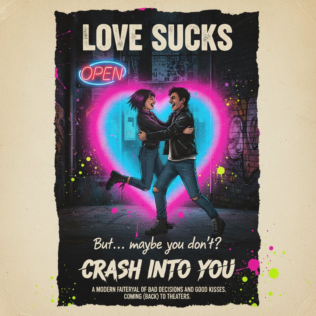 Cult classic romcom poster, edgy and surreal, inspired by Palm Springs