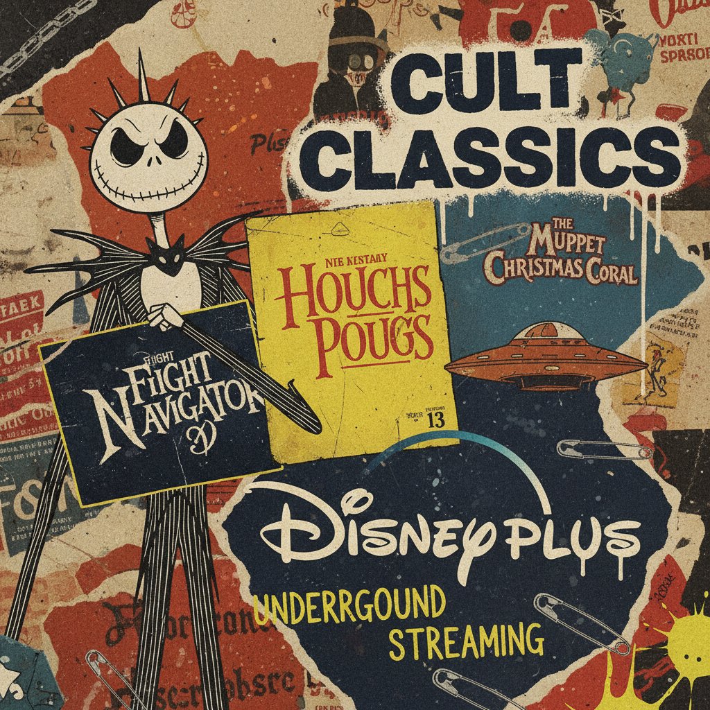 Cult classics Disney plus movies, grungy collage-style stills