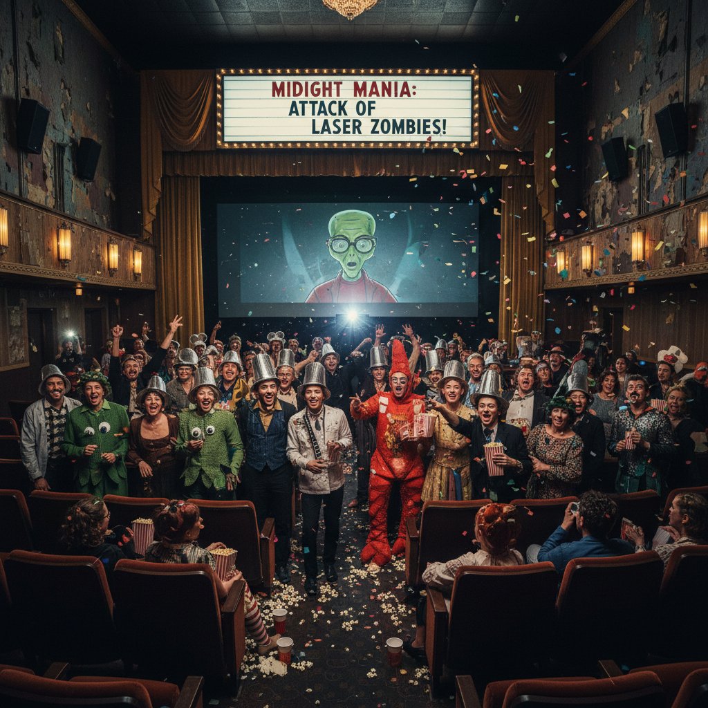 Cult comedy movie audience in costume, movie wavelength comedy movies, midnight screening, quirky costumes, retro theater