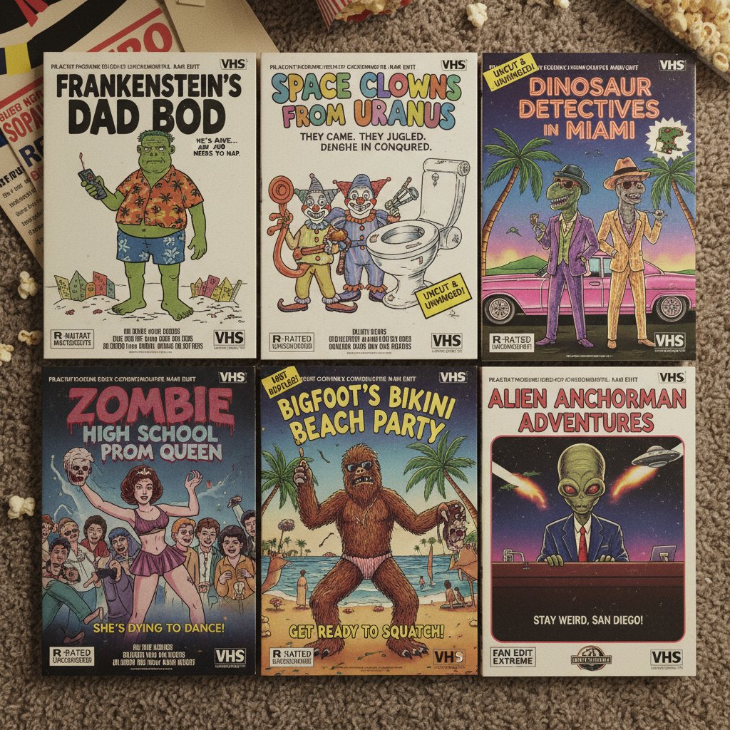 A shelf of old VHS tapes labeled with cult comedy film titles and handwritten notes about alternate cuts.