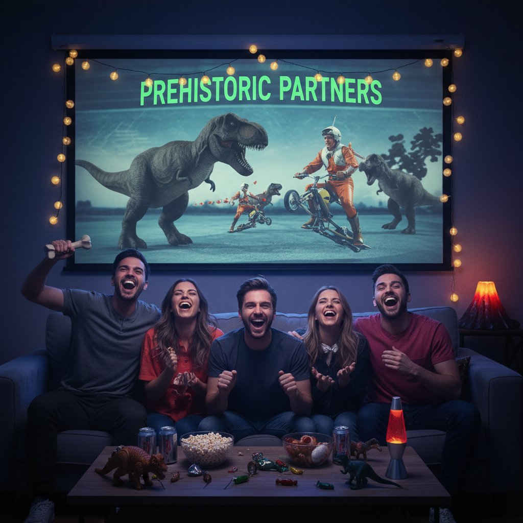 Cult dinosaur movie marathon: friends laughing, watching cheesy dino film at home