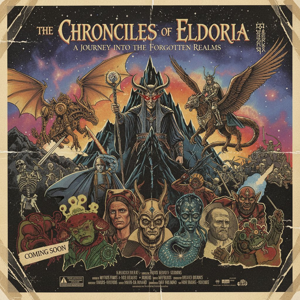 Montage of cult fantasy adventure movie posters, retro collage