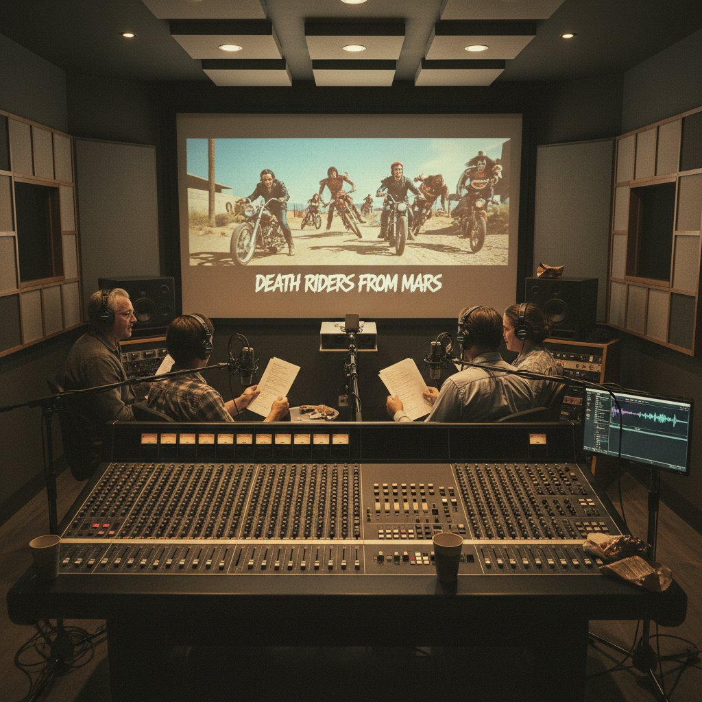 Iconic cult film receiving a fresh, modern dubbed voiceover, retro cult movie scene being re-dubbed in a modern studio