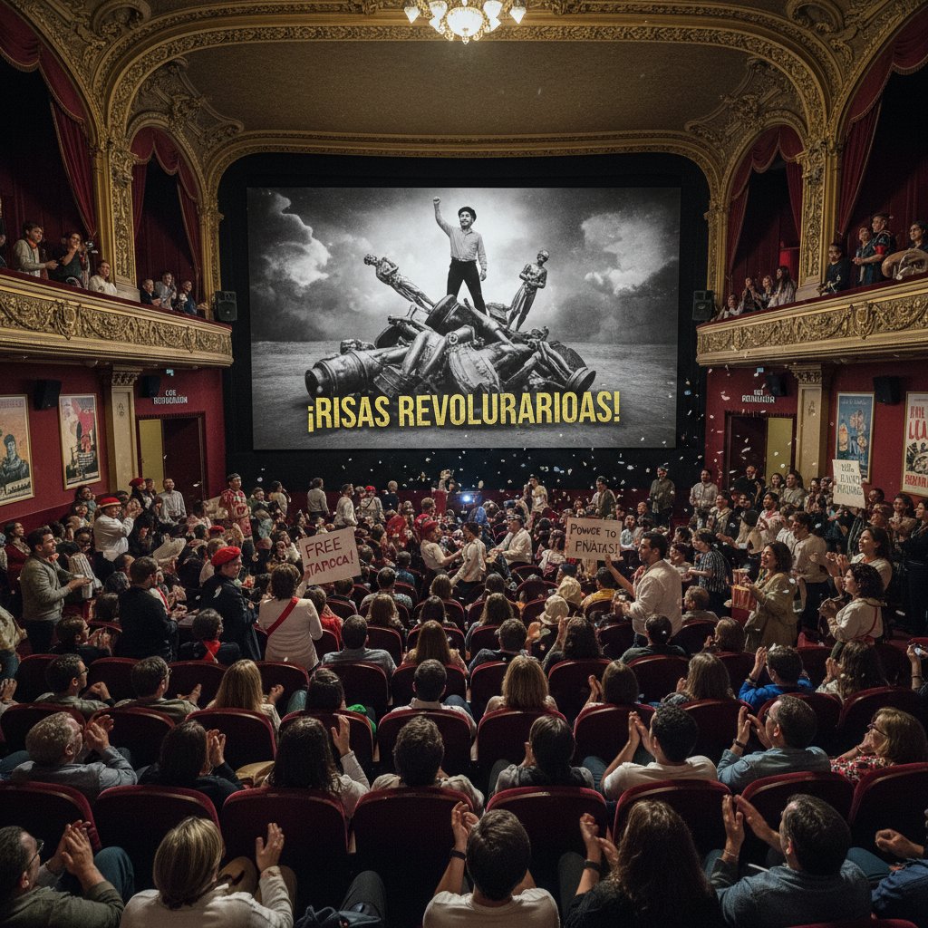 Riotous crowd at a cult film screening, celebrating subversive and revolutionary comedy cinema