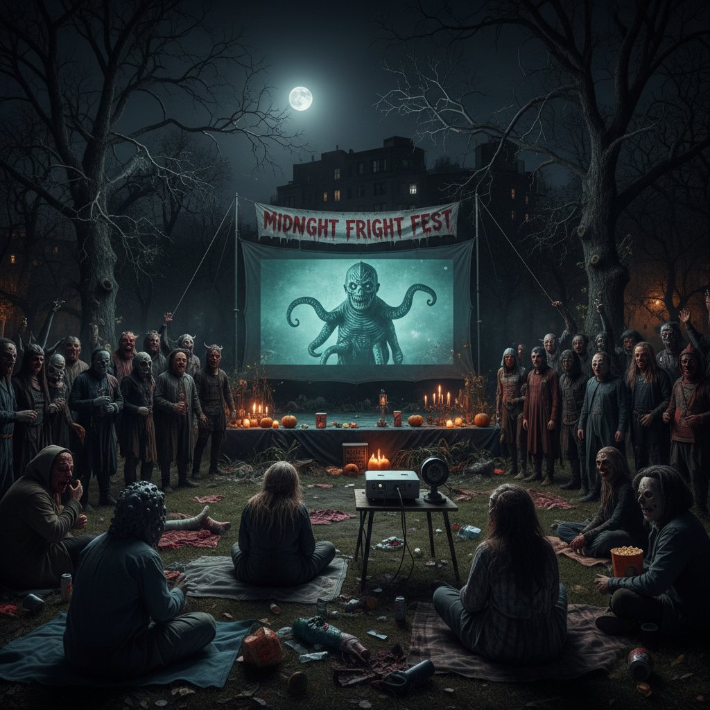 Fans gathering for a cult horror screening, dressed in costumes at a midnight movie event, neon lighting and excitement