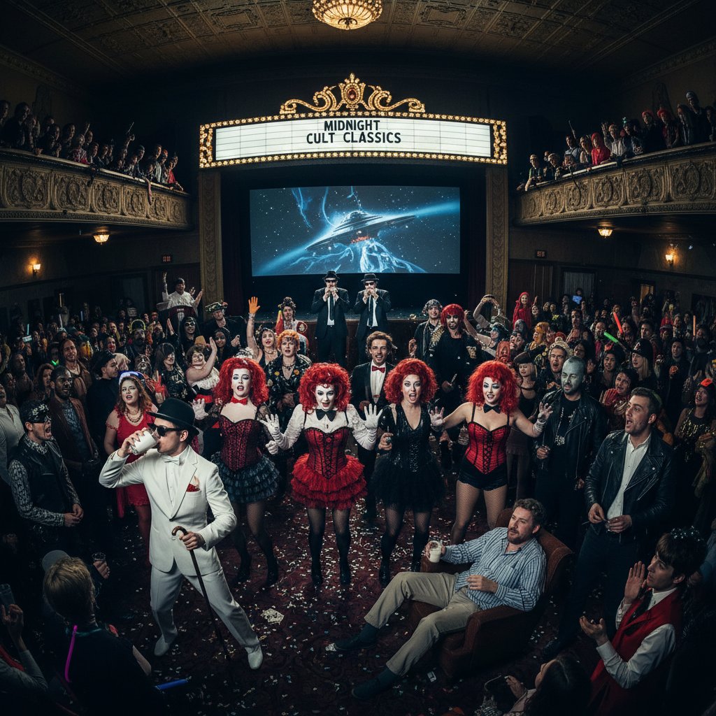 People dressed as cult movie characters at a midnight screening, lively atmosphere