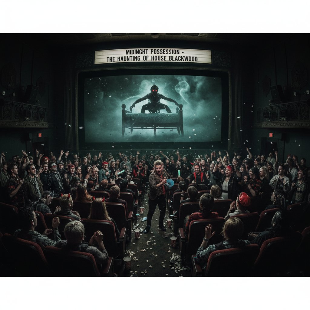 Cult movie fans watching possession film, midnight movie audience in suspense, horror community