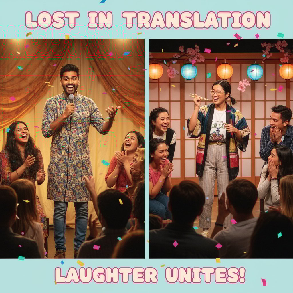 Split-frame of different cultural comedy performances, vivid colors, energetic crowd, playful tone