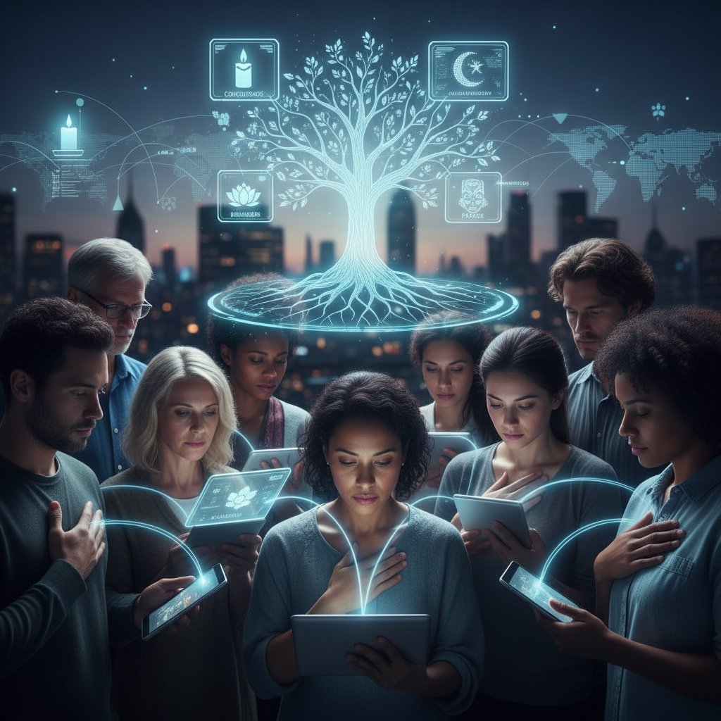 A symbolic scene showing diverse people using phones and computers to mourn loved ones in different cultural settings