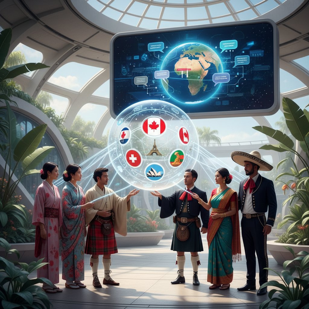 Grupa osób różnych narodowości rozmawiająca z AI, w tle symbole kulturowe różnych krajów