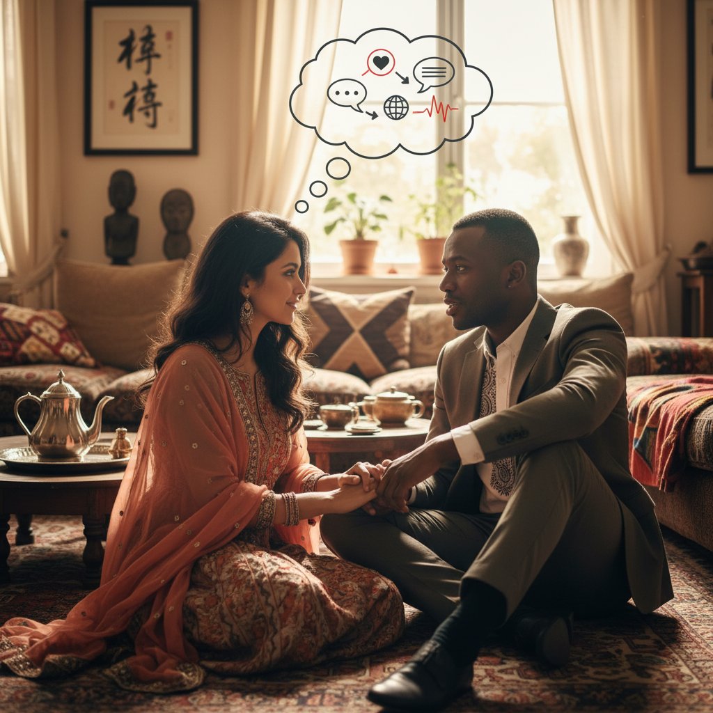 Couples from diverse cultural backgrounds using unique communication styles to express empathy in relationships