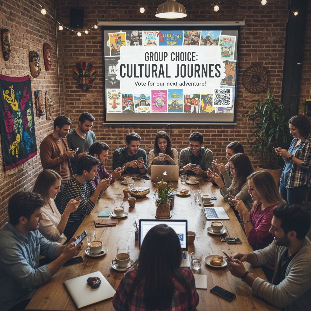 Grupa młodych ludzi przeglądających wydarzenia na telefonie w kawiarni, atmosfera wyboru, słowa kluczowe: wydarzenia kulturalne, wybór, FOMO