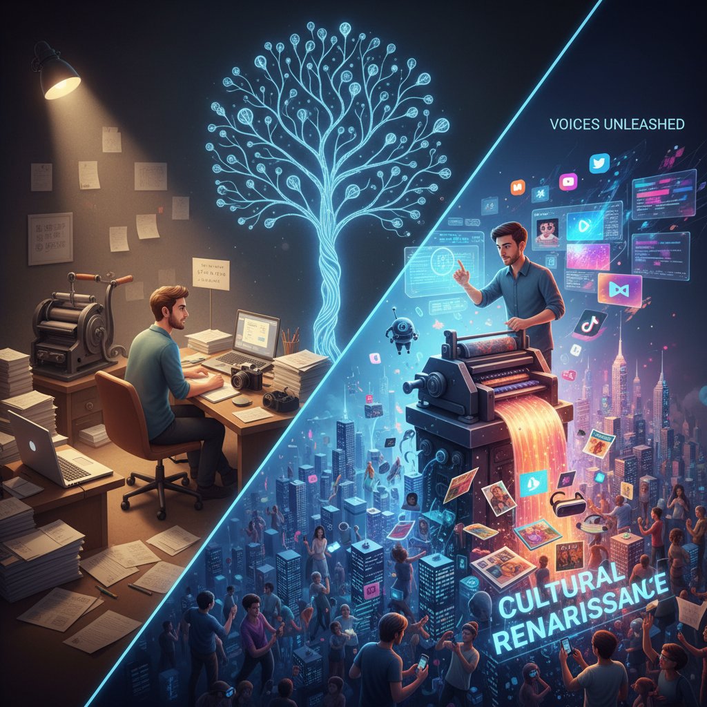 Cultural impact of automation in content creation, global map, digital content flows, freelancers and AI nodes