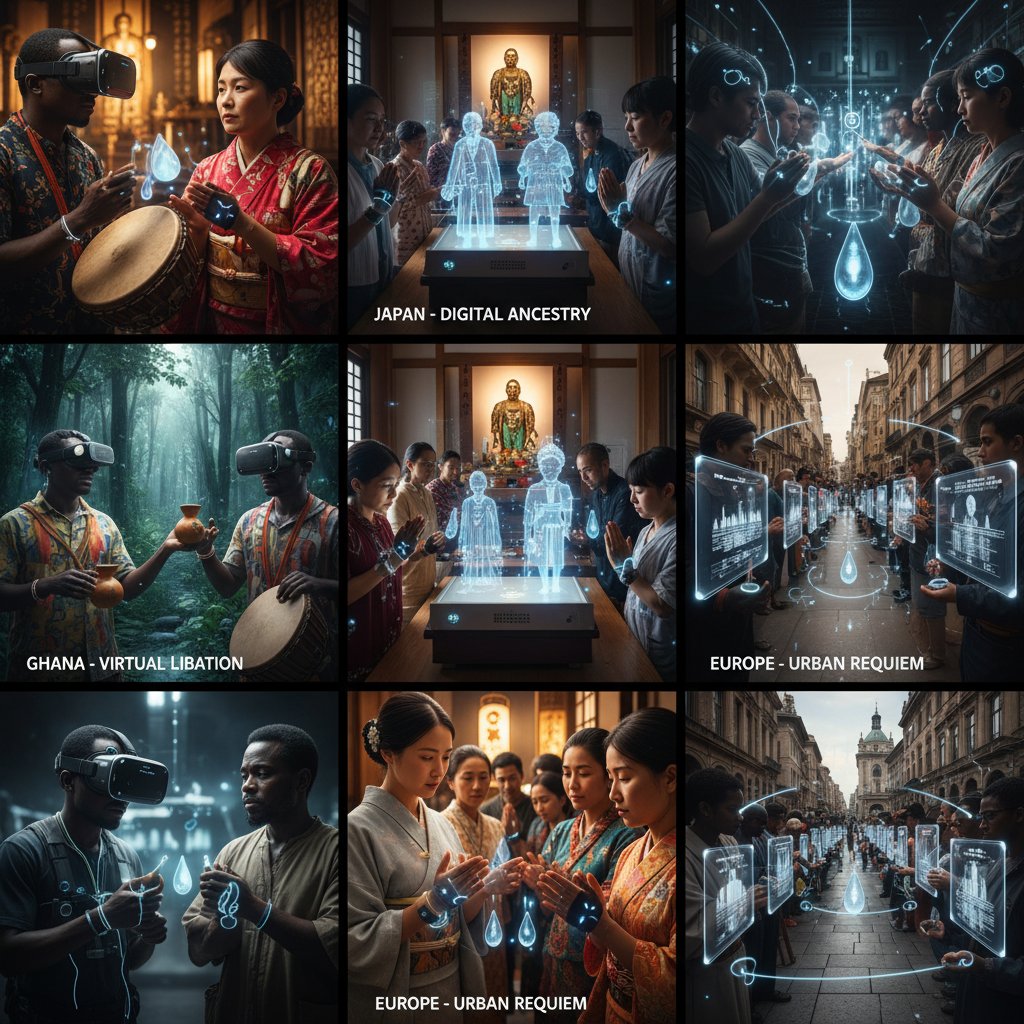 Collage of cultural mourning practices with technology, blending rituals and devices, vibrant global photojournalism, high-res