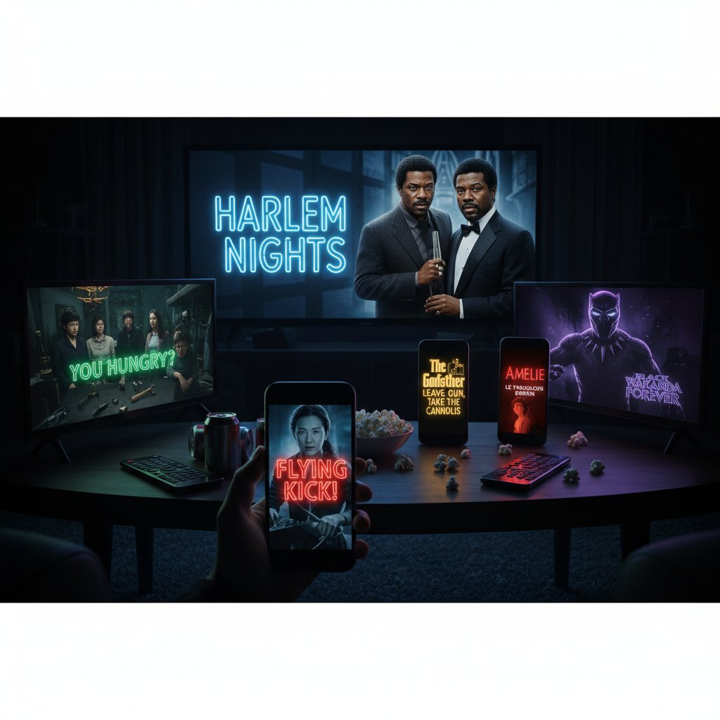 Collage photo blending memes, people on their phones, and a TV glowing with movie titles, symbolizing the cultural conversation around movie holding