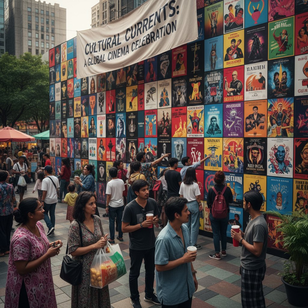 Collage: People of different backgrounds, each with a unique film poster, vibrant style — cultural shifts, diverse taste