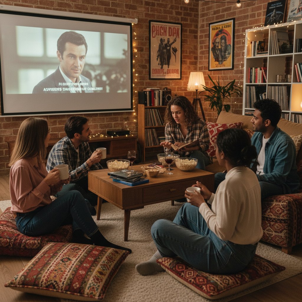 Group of diverse friends discussing a film around a home projector, showing engagement and cultural conversation