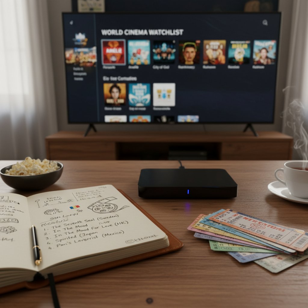 Curated world cinema watchlist in a notebook beside streaming device, showing handwritten film notes, tickets, and a tablet with a paused international film