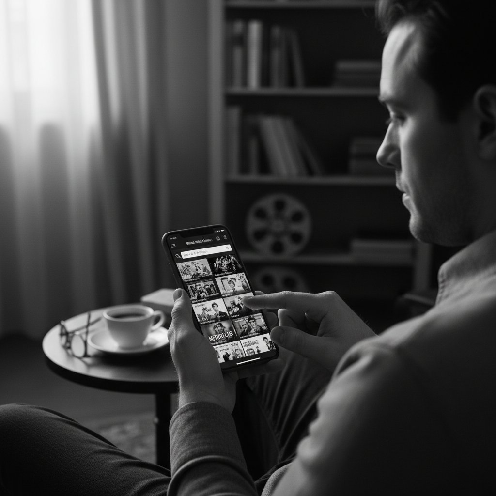 Curating black and white movie list on phone, person using smartphone with movie app