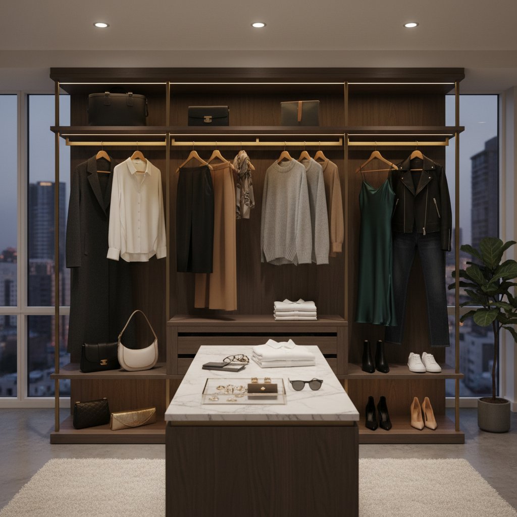 A person curating their wardrobe inspired by movie style guides, mixing costumes with modern pieces