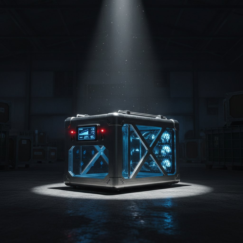 Custom animal travel crate with advanced ventilation and monitoring features.