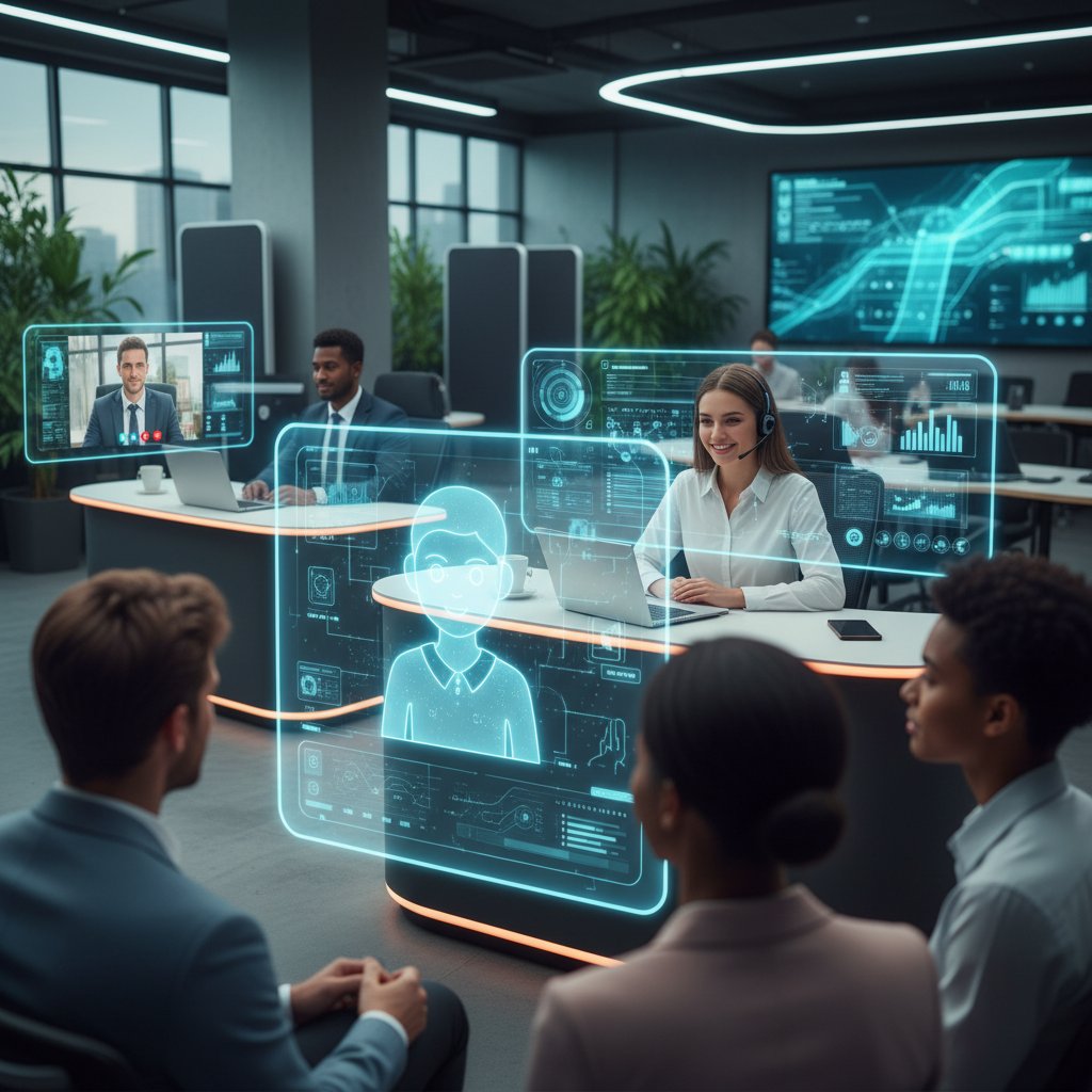 Interakcja klienta z AI i konsultantem w nowoczesnym biurze obsługi