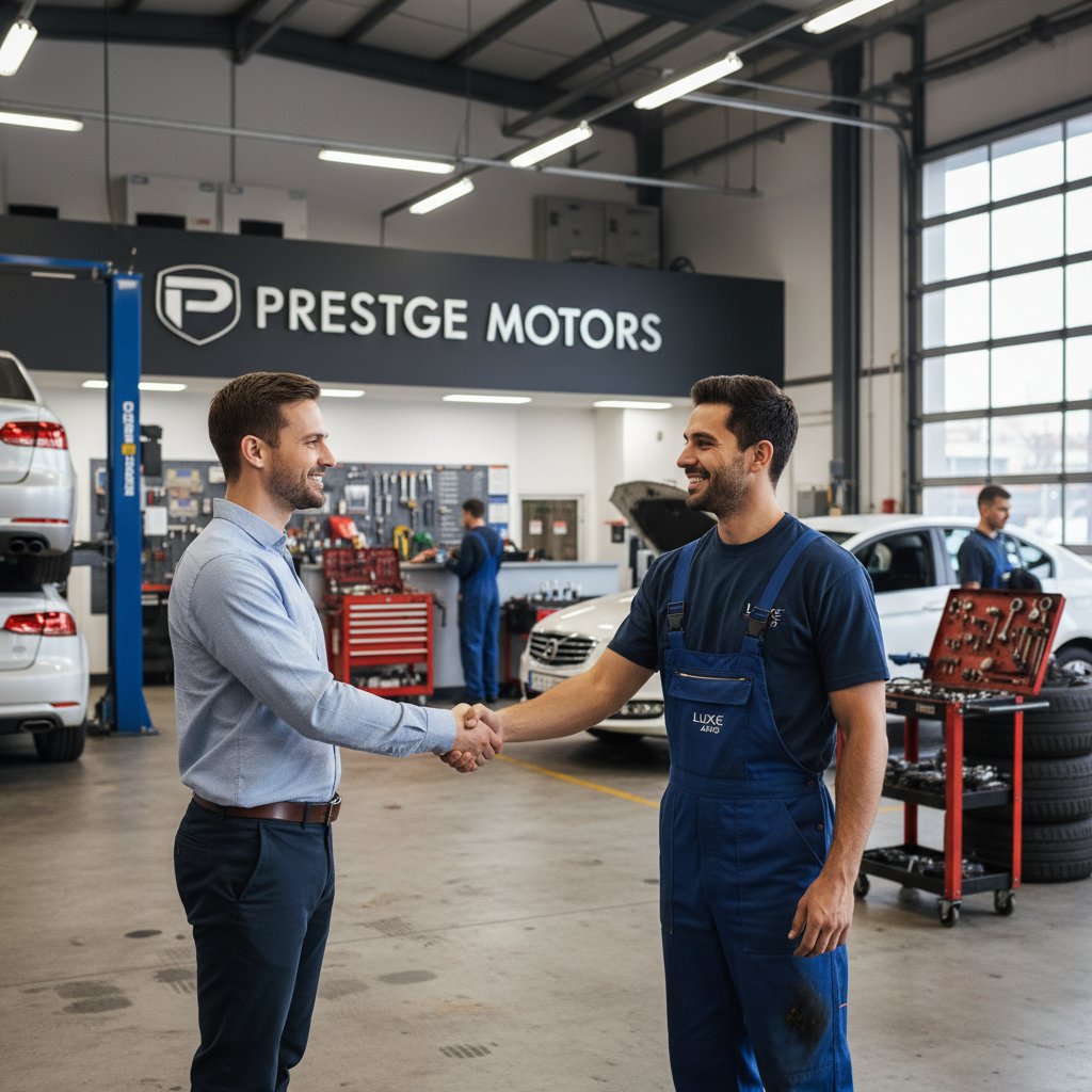 Photo of customer and mechanic shaking hands in dealership service bay, representing trust and positive dealer service outcome