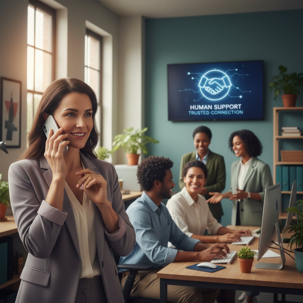 Klient rozmawiający przez telefon z konsultantem w biurze – emocje, zaufanie, kontakt