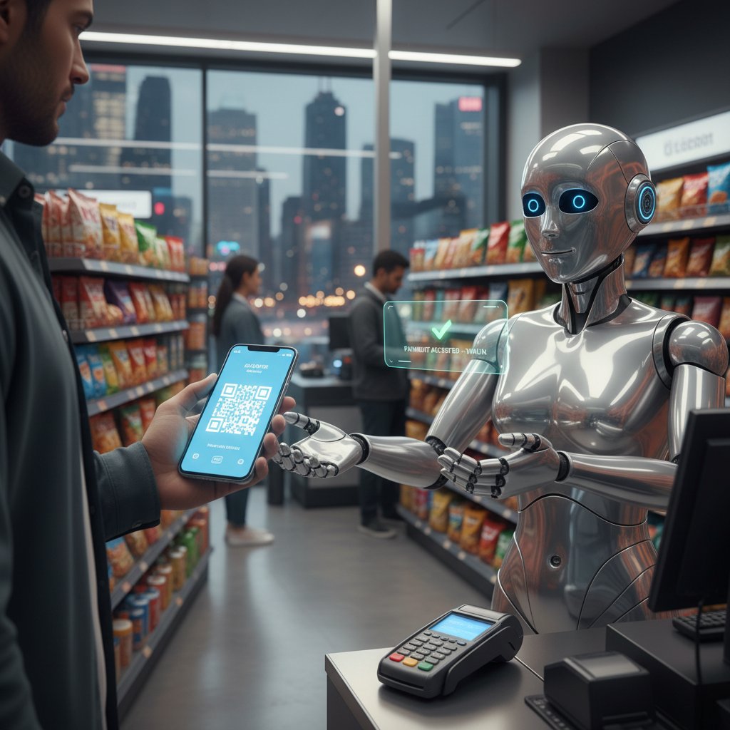 Klient płacący telefonem w sklepie, obsługiwany przez AI, scena miejska
