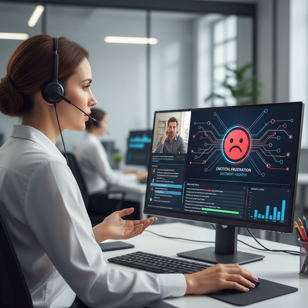 Konsultant obsługi klienta pracujący z AI analizującą emocje klientów