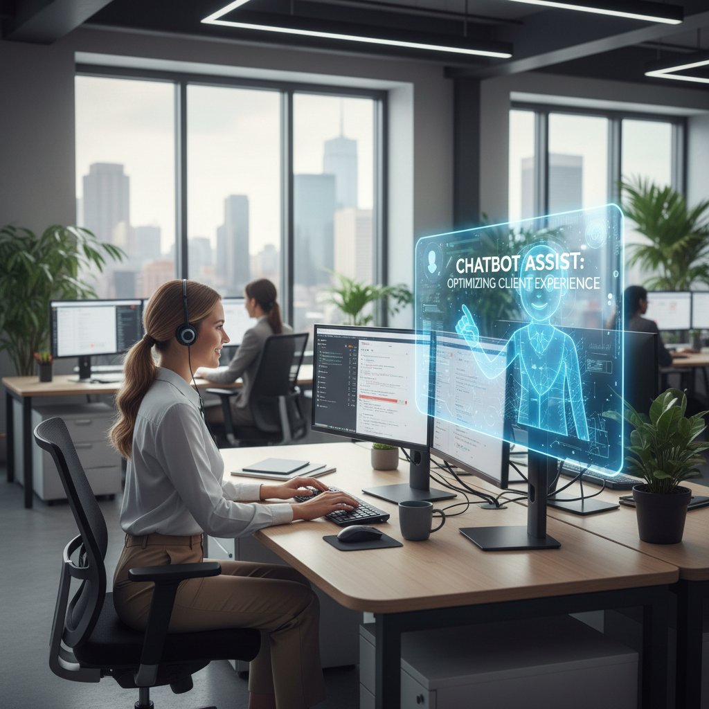 Pracownik obsługi klienta współpracujący z chatbotem – symbol nowoczesnej obsługi