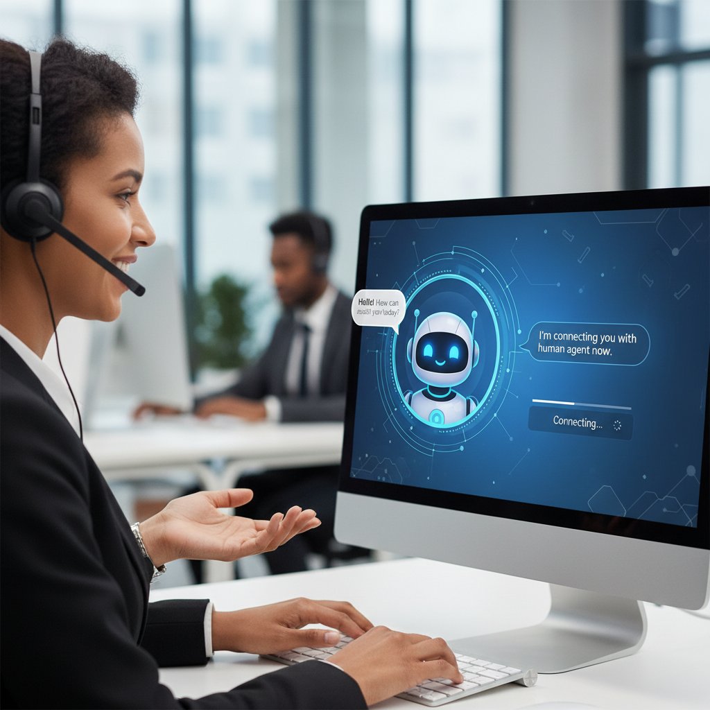 Pracownik rozmawia z klientem w live chat, obok ekran z interfejsem chatbota