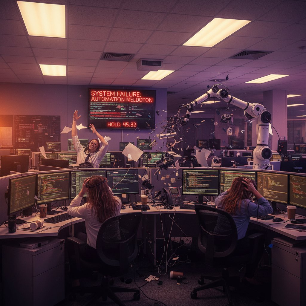 Stressed call center agents dealing with high volume customer service issues, call center chaos, dramatic lighting, 16:9