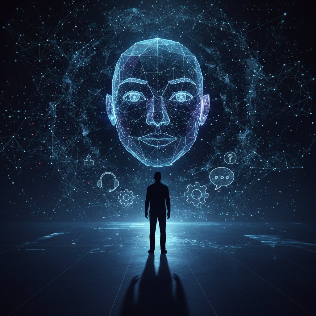 Close-up of digital face blending into a human silhouette, dramatic lighting, customer service automation, 16:9