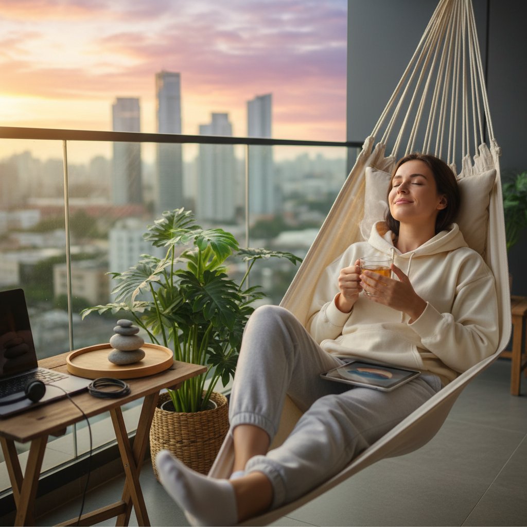 Hopeful scene of a customer service rep relaxing post-shift, soft lighting, sense of relief and balance