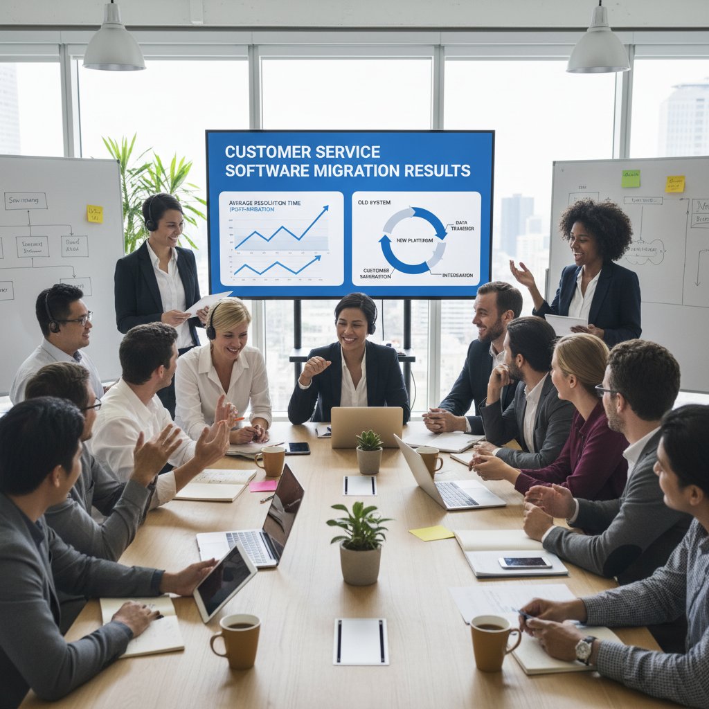 A support manager presenting migration results on a wall screen while team members react with relief or surprise, symbolizing the ups and downs of switching software