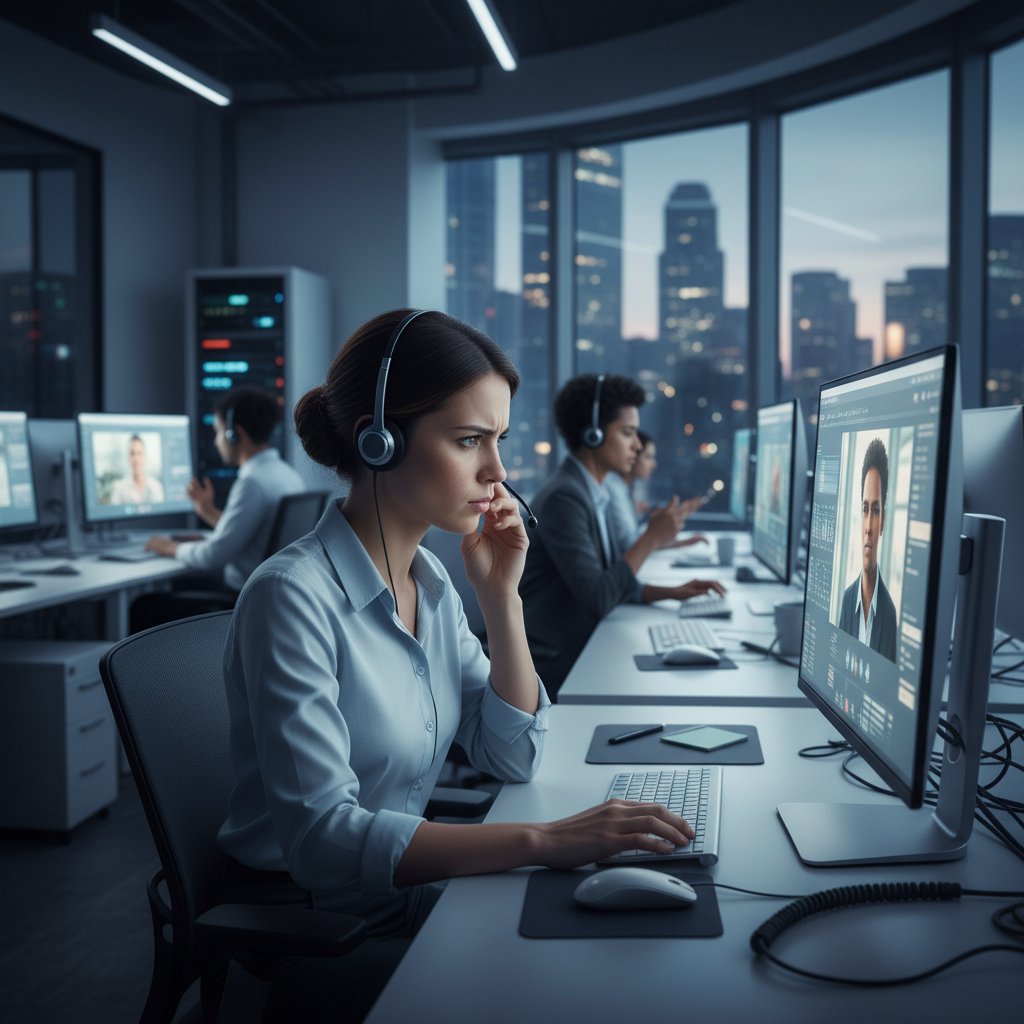 Customer service specialist managing tense conversation in a modern office with glowing screens