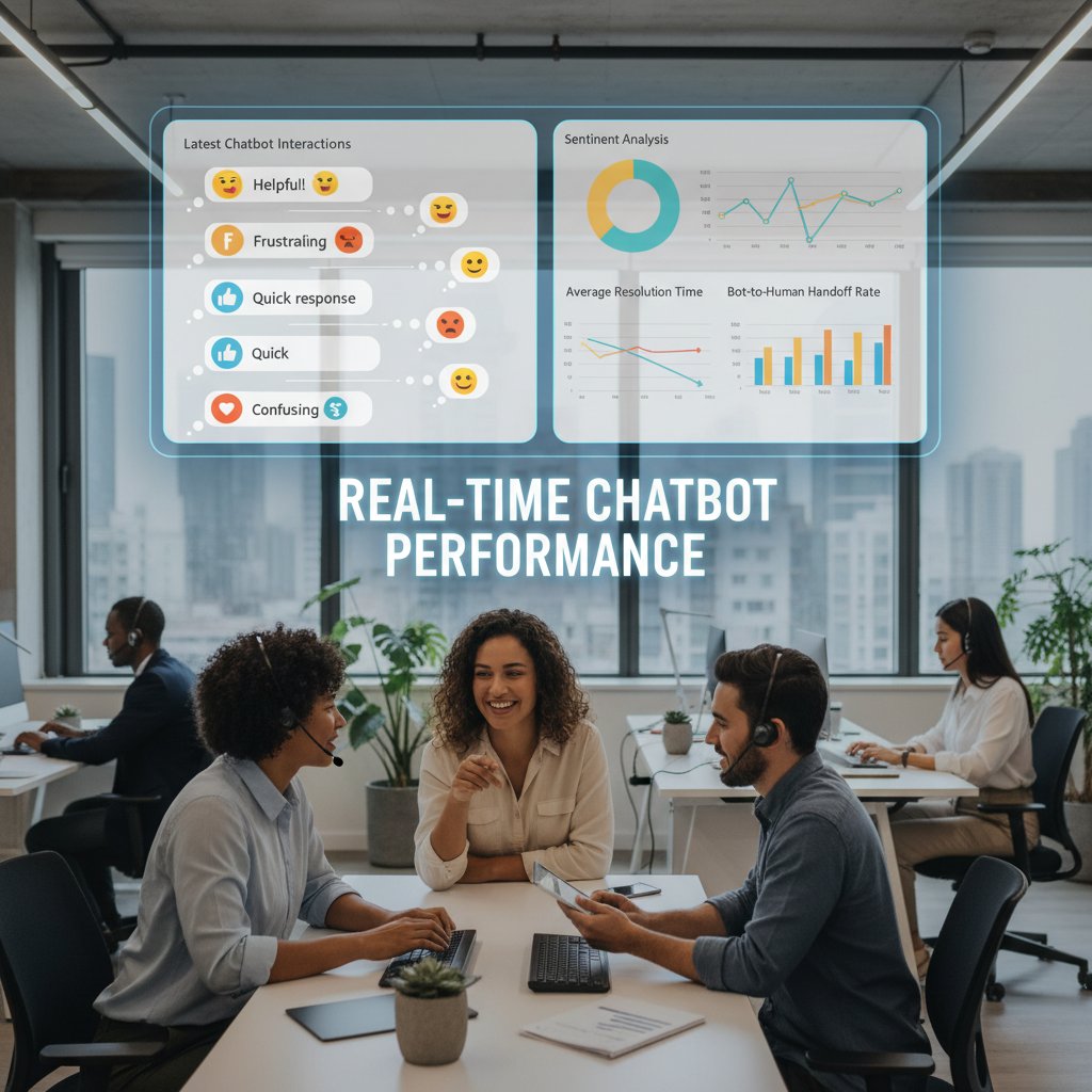 Photo of customer service team watching real-time chatbot feedback on large screens, tension in the room