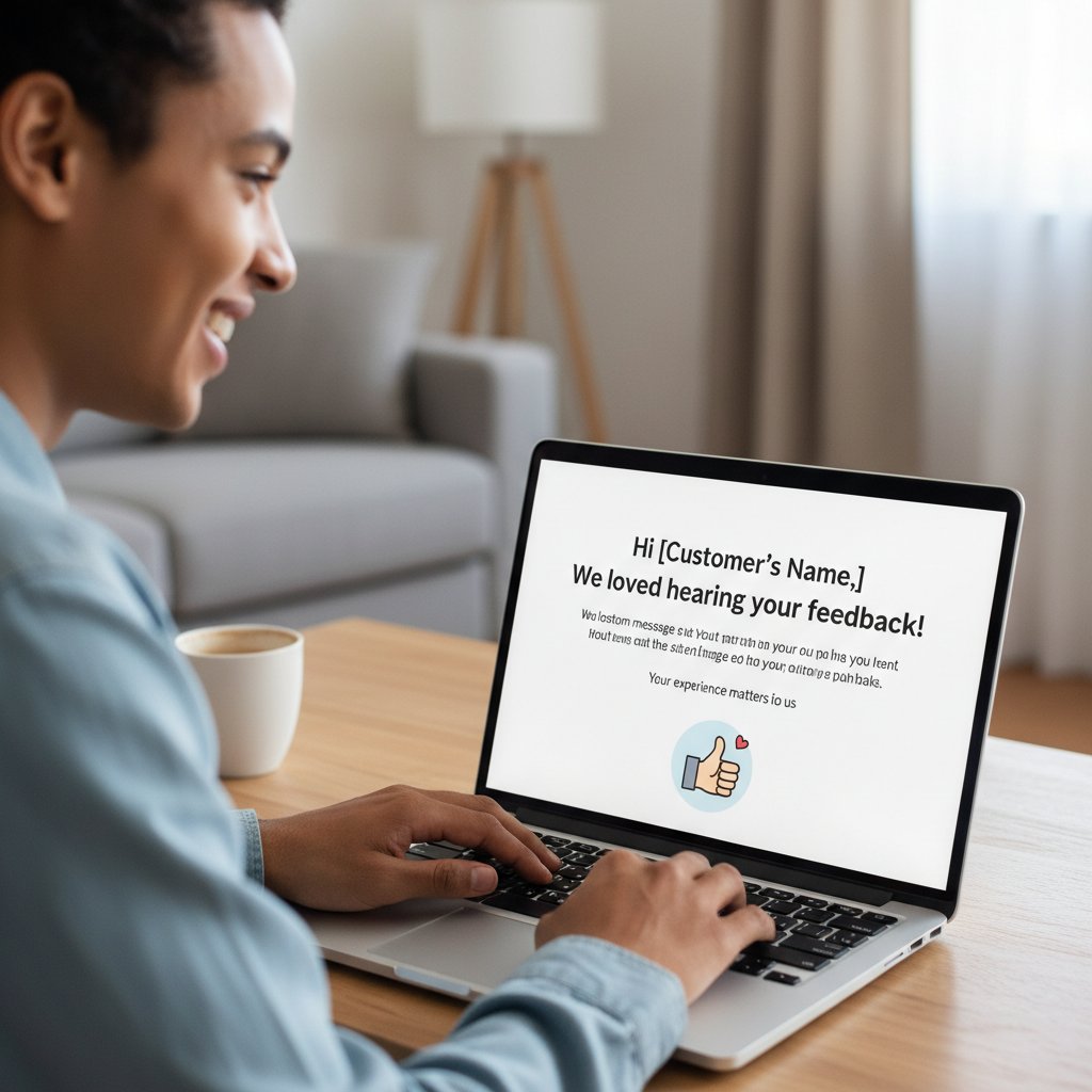 Zbliżenie na ekran laptopa z personalizowaną, automatyczną odpowiedzią email – klient uśmiecha się po otrzymaniu profesjonalnej wiadomości